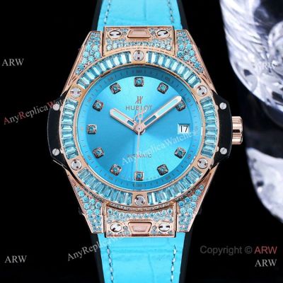 New! Swiss Replica Hublot One Click Blue Pave Diamond 39mm Watch Rose Gold